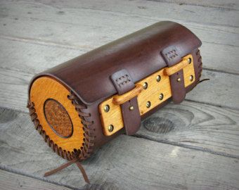 Hand sewn motorcycle Wood-Leather fork bag with carved oak wood panels / made to order